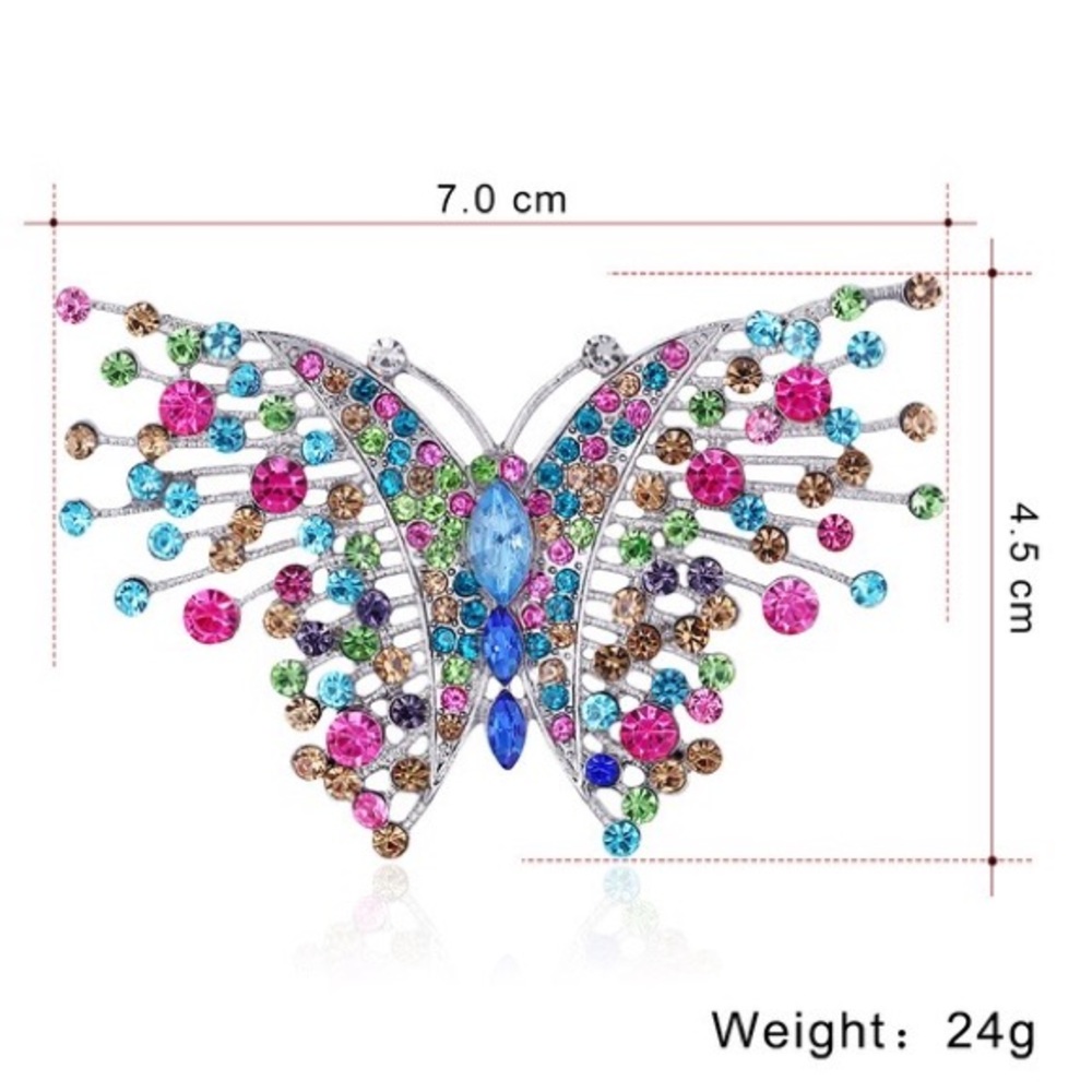 Colorful Rhinestone Silver Butterfly Brooch Pin - Picture 4 of 4